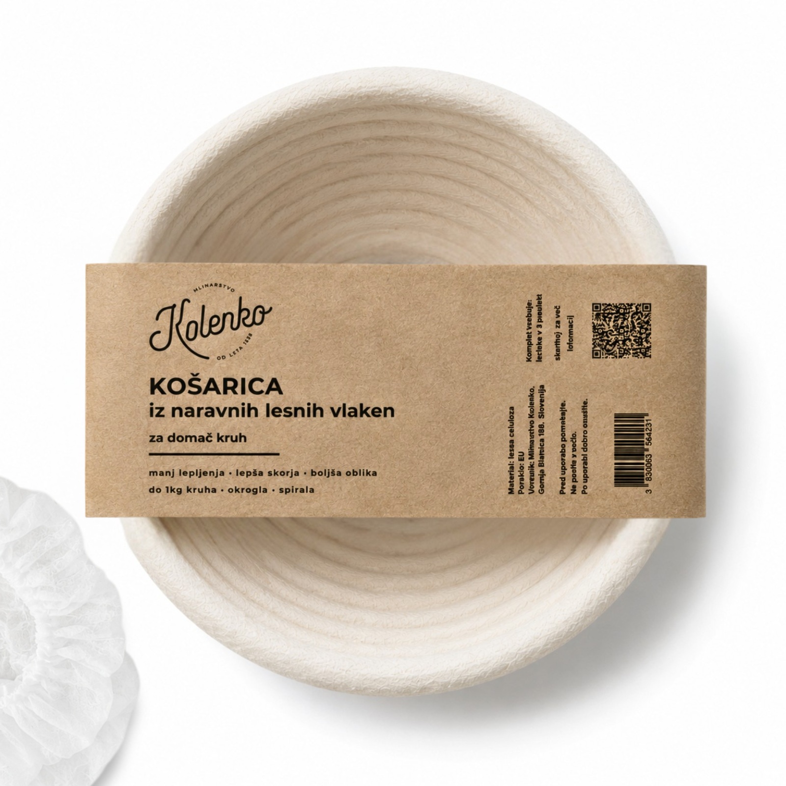 Okrogla košarica za vzhajanje kruha iz naravnih lesnih vlaken