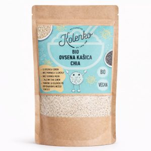 Bio ovsena kašica chia iz ovsenega zdroba z mletimi chia semeni, brez dodanega sladkorja in brez dodanega mleka, primerna za vegane in otroke po dopolnjenem 6. mesecu starosti.