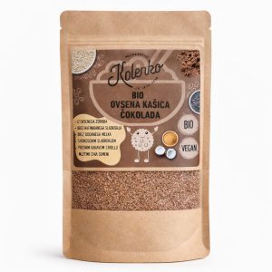 Ovseni zdrob z mletimi chia semeni in presnim kakavom criollo, brez dodanega sladkorja in brez dodanega mleka, primeren za vegane.